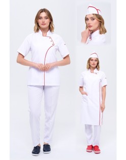 KADIN COMFORT BEYAZ AŞÇI CEKET , KEP ve ASKILI -KIRMIZI BİYE / BEYAZ PANTOLON SET - KırmızıBiye-Beyaz