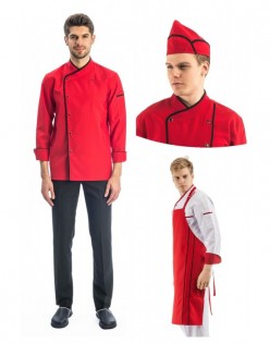 ERKEK KLASİK KIRMIZI AŞÇI CEKET, KEP + ASKILI ÖNLÜK - SİYAH BİYE / SİYAH PANTOLON DÖRTLÜ AŞÇI SET - Kırmızı