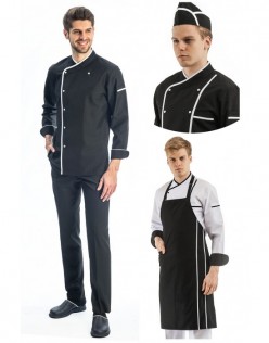 ERKEK KLASİK SİYAH AŞÇI CEKET, KEP + ASKILI ÖNLÜK - BEYAZ BİYE / SİYAH PANTOLON DÖRTLÜ AŞÇI SET - Siyah