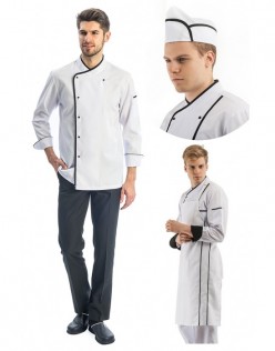 ERKEK KLASİK BEYAZ AŞÇI CEKET, KEP + ASKILI ÖNLÜK - SİYAH BİYE / SİYAH PANTOLON DÖRTLÜ AŞÇI SET - Beyaz