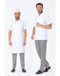 ERKEK COMFORT BEYAZ AŞÇI CEKET, KEP + ASKILI ÖNLÜK - PÖTİKARE BİYELİ / PÖTİKARE PANTOLON AŞÇI SET - Beyaz