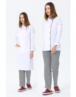 KADIN KLASİK BEYAZ AŞÇI CEKET, KEP + ASKILI ÖNLÜK - PÖTİKARE BİYELİ / PÖTİKARE PANTOLON AŞÇI SET - Beyaz