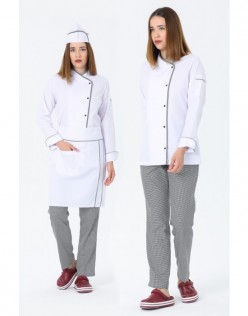 KADIN KLASİK BEYAZ AŞÇI CEKET, KEP + BEL ÖNLÜK - PÖTİKARE BİYELİ / PÖTİKARE PANTOLON AŞÇI SET - Beyaz