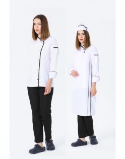 KADIN KLASİK BEYAZ AŞÇI CEKET, KEP + ASKILI ÖNLÜK - SİYAH BİYELİ  ve SİYAH PANTOLON DÖRTLÜ SET - Beyaz
