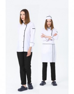 KADIN KLASİK BEYAZ AŞÇI CEKET, KEP + BEL ÖNLÜK - SİYAH BİYELİ  ve SİYAH PANTOLON DÖRTLÜ SET - Beyaz