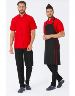 ERKEK COMFORT KIRMIZI AŞÇI CEKET -SİYAH BİYE / SİYAH KEP ve ASKILI ÖNLÜK - KIRMIZI BİYELİ , SİYAH PANTOLON DÖRTLÜ SET - Kırmızı