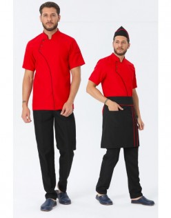 ERKEK COMFORT KIRMIZI AŞÇI CEKET -SİYAH BİYE / SİYAH KEP ve BEL ÖNLÜK - KIRMIZI BİYELİ , SİYAH PANTOLON DÖRTLÜ SET - Kırmızı