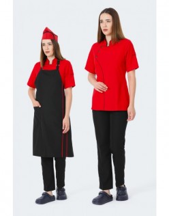 KADIN COMFORT KIRMIZI AŞÇI CEKET ve KEP -SİYAH BİYE / SİYAH ASKILI ÖNLÜK-KIRMIZI BİYE ve SİYAH PANTOLON SET - Kırmızı