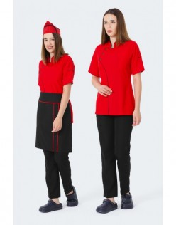 KADIN COMFORT KIRMIZI AŞÇI CEKET ve KEP -SİYAH BİYE / SİYAH BEL ÖNLÜK-KIRMIZI BİYE ve SİYAH PANTOLON SET - Kırmızı