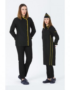 KADIN KLASİK UZUN KOL SİYAH AŞÇI CEKET ,KEP +ASKILI ÖNLÜK - SARI BİYELİ  / SİYAH PANTOLON DÖRTLÜ AŞÇI SET - Siyah