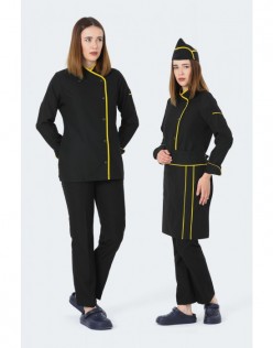 KADIN KLASİK UZUN KOL SİYAH AŞÇI CEKET ,KEP +BEL ÖNLÜK - SARI BİYELİ  / SİYAH PANTOLON DÖRTLÜ AŞÇI SET - Siyah