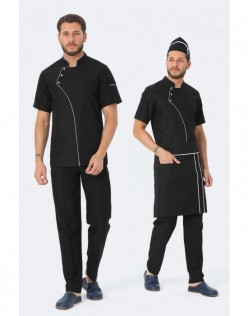 ERKEK COMFORT SİYAH AŞÇI CEKET ,KEP +BEL ÖNLÜK - BEYAZ BİYELİ  / SİYAH PANTOLON DÖRTLÜ AŞÇI SET - Siyah