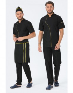 ERKEK COMFORT SİYAH AŞÇI CEKET, KEP +BEL ÖNLÜK - SARI BİYELİ / SİYAH PANTOLON DÖRTLÜ AŞÇI SET - Siyah