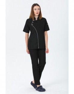 KADIN COMFORT KISA KOL SİYAH AŞÇI CEKETİ - BEYAZ BİYELİ - Siyah