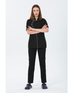 KADIN COMFORT KISA KOL SİYAH AŞÇI CEKETİ - BEYAZ BİYELİ - Siyah