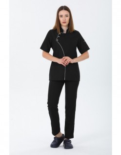 KADIN COMFORT KISA KOL SİYAH AŞÇI CEKETİ - BEYAZ BİYELİ - Siyah