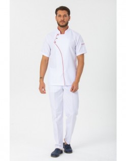 ERKEK COMFORT KISA KOL AŞÇI CEKETİ -KIRMIZI BİYELİ - Beyaz